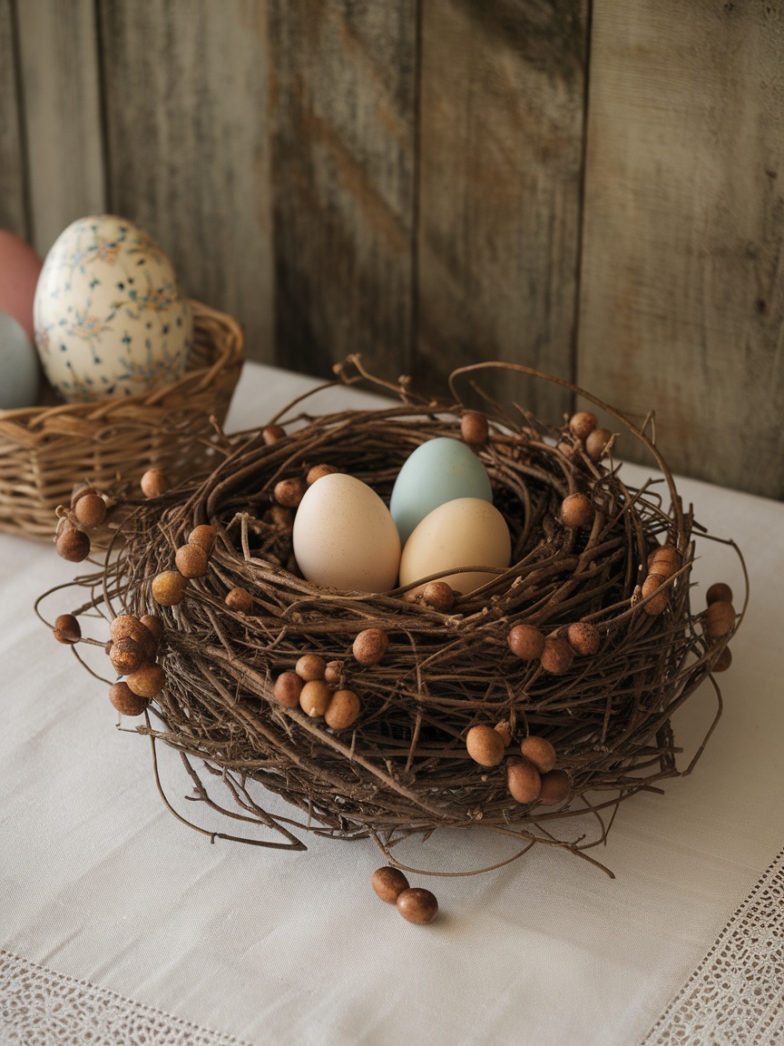 A decorative bird nest made of twigs containing craft eggs, with wooden letters spelling 'NTTE' in front.