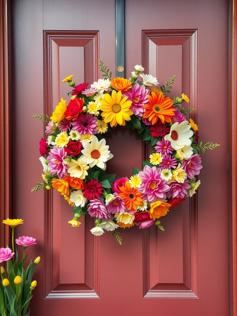 A bright and bold mixed floral wreath adorned with various colorful flowers hanging on a red door.