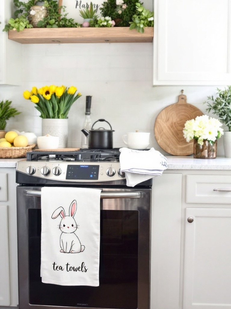 Cute bunny-print tea towels displayed in a cozy kitchen setting