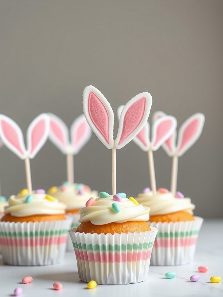 Cupcakes with bunny ears toppers and colorful sprinkles