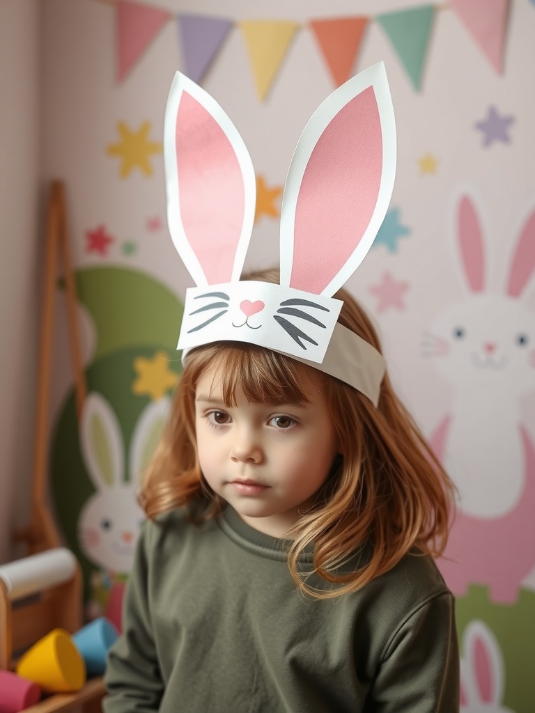 A child wearing a Bunny Ears Headband, featuring tall pink ears and a playful expression.