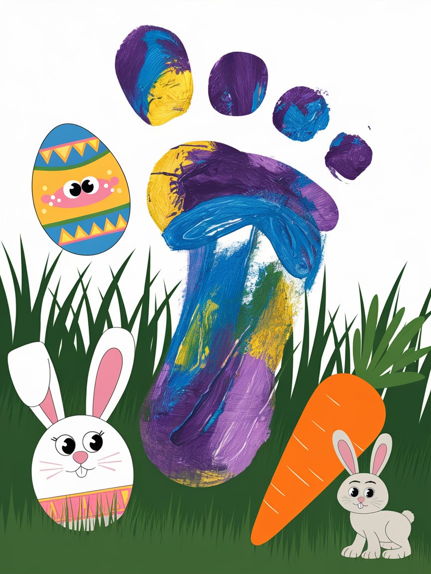 Bunny footprint art with colorful flowers and decorations