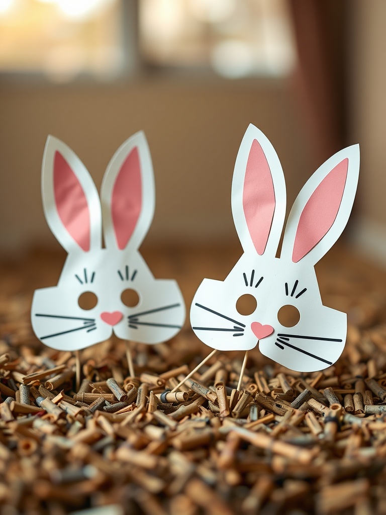 Two bunny masks with pink ears and cute faces on a wooden surface.