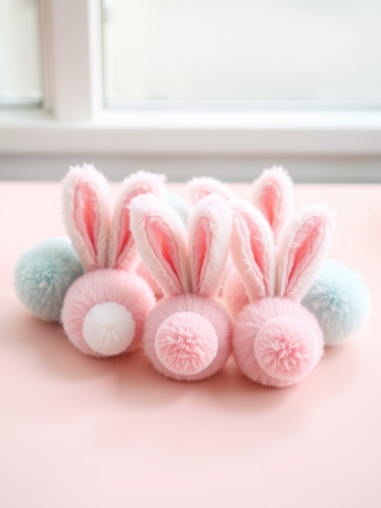 Colorful bunny tail pom-poms in pastel colors with fluffy ears and tails