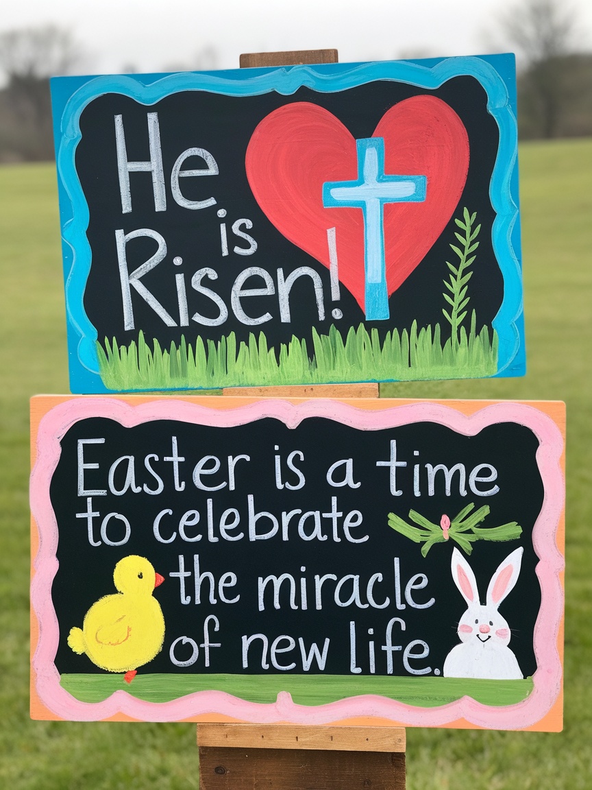 A decorative chalkboard sign for Easter with colorful eggs and a bunny.