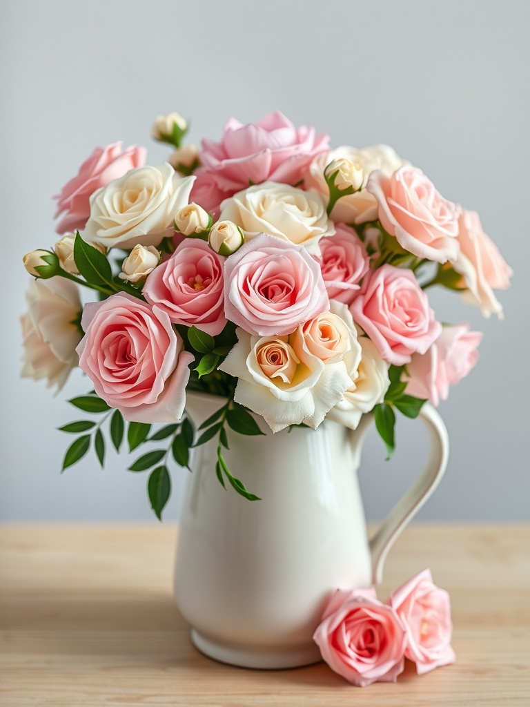 A charming arrangement of pink and cream roses in a white pitcher.