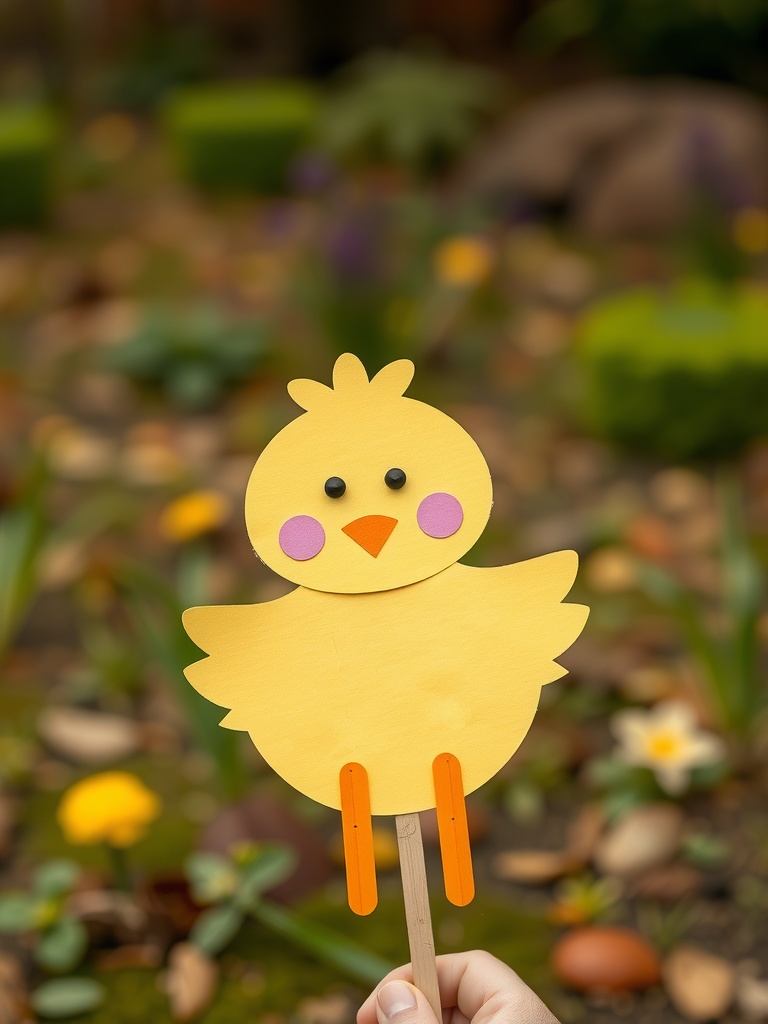 A cheerful yellow chick puppet made from construction paper, with a wooden stick for holding, set against a blurred garden background.