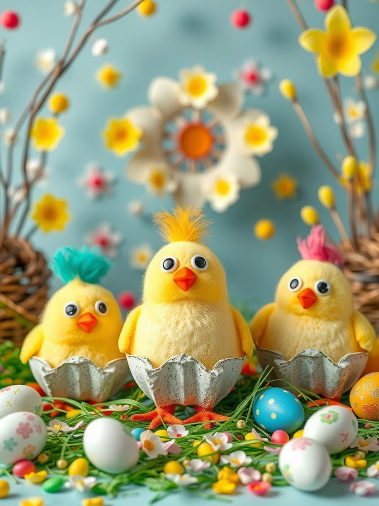 Colorful egg carton chicks surrounded by Easter decorations and flowers