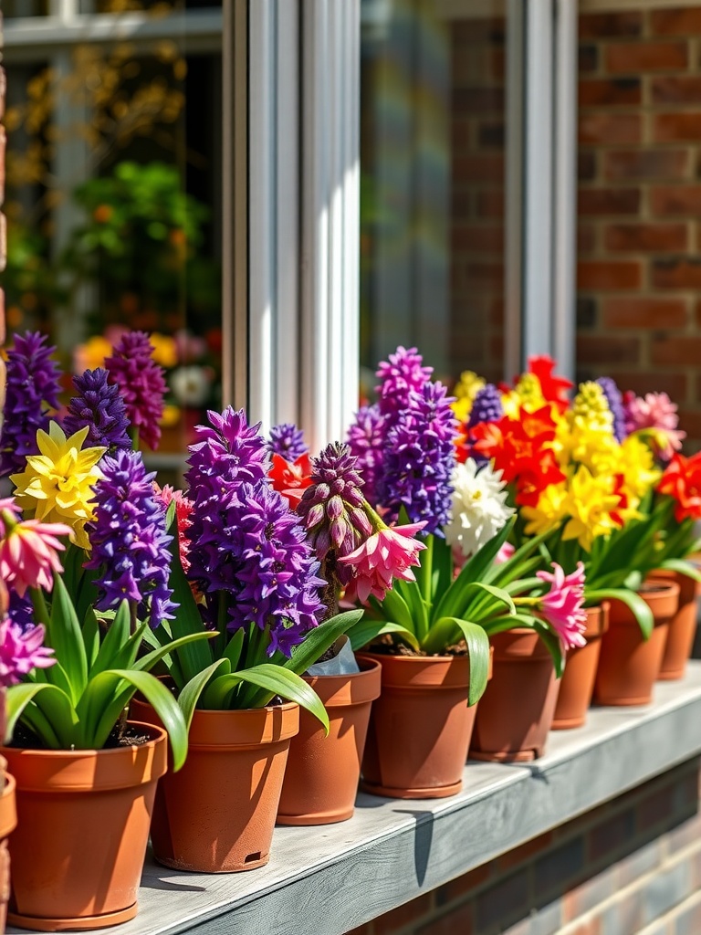 Colorful display of potted hyacinth flowers in various colors