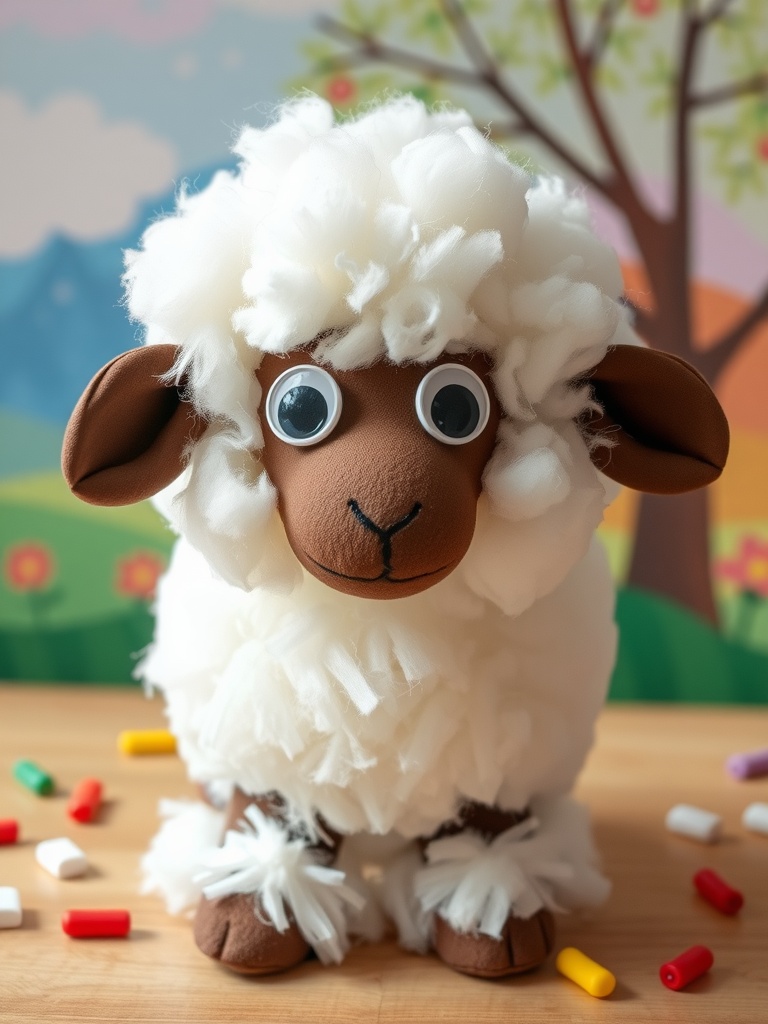 A fluffy cotton ball lamb with googly eyes and brown features, set against a colorful background