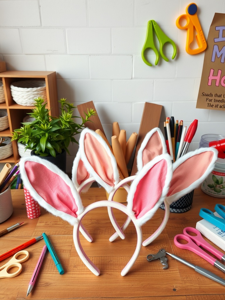 Colorful bunny ear headbands placed on a wooden table surrounded by craft supplies.