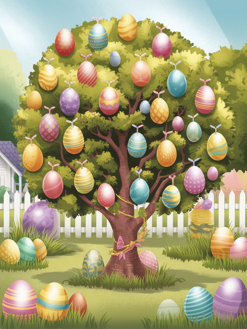 A decorative Easter egg tree with colorful eggs hanging from the branches, surrounded by flowers and more eggs at the base.