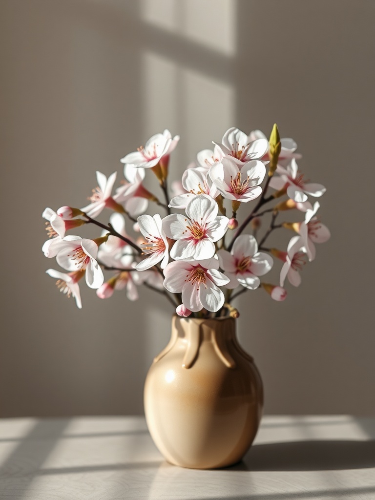 A delicate display of cherry blossoms in a beige vase, showcasing their soft pink petals and vibrant centers.