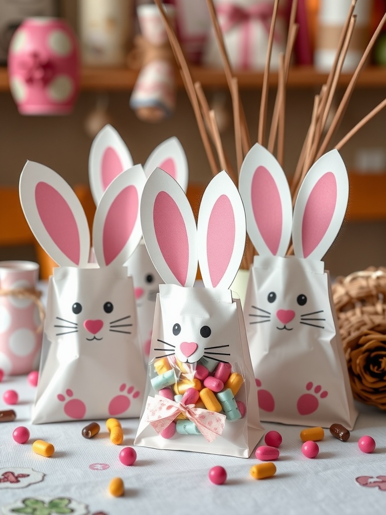 Colorful bunny treat bags filled with candies, decorated with bunny ears and faces.