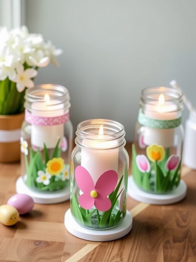 DIY Easter candle holders with bunny designs and colorful eggs