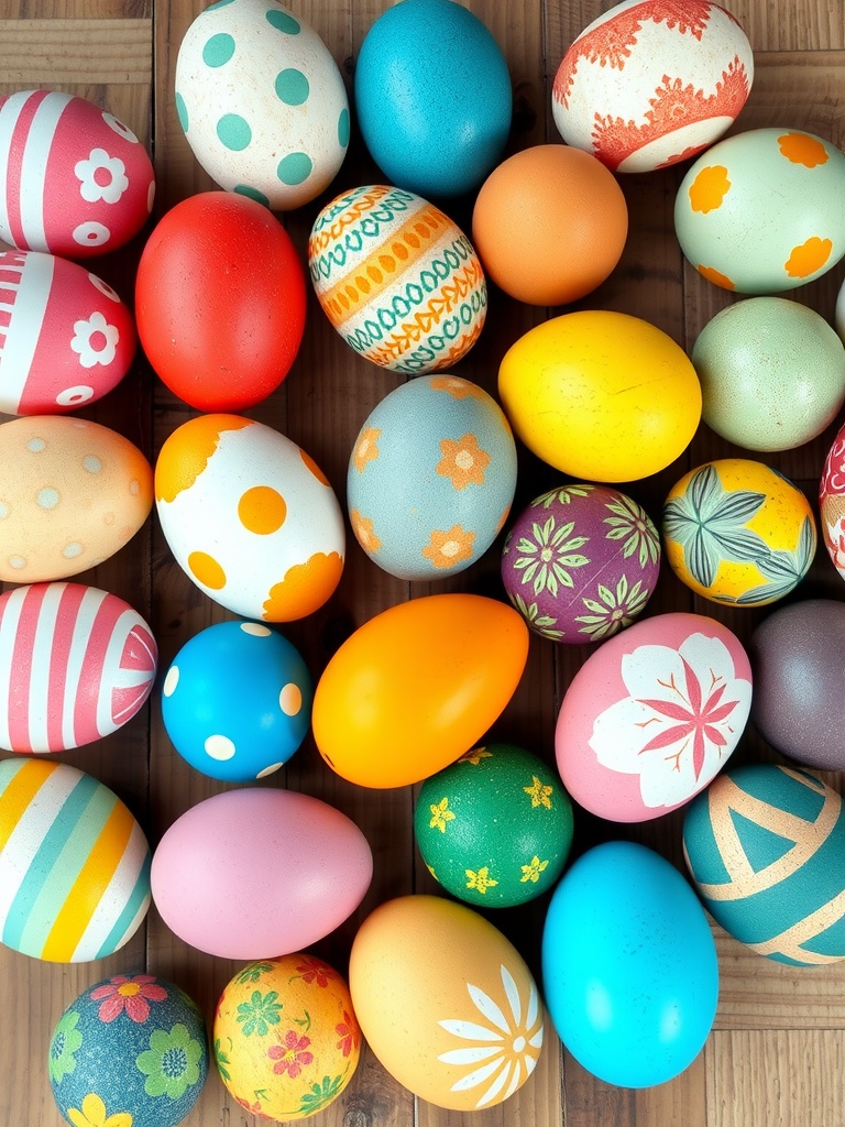 Colorful Easter eggs with various designs and patterns arranged on a wooden surface.