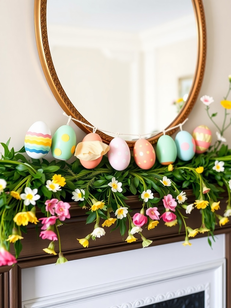 A festive DIY Easter egg garland hanging on a mantel with colorful eggs and flowers.