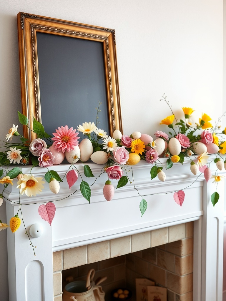 A decorative Easter garland featuring pastel-colored eggs and vibrant flowers on a mantel.