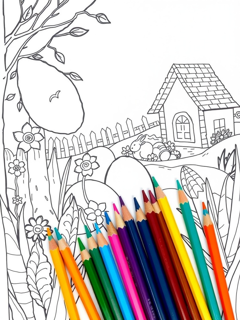 Image of Easter-themed coloring page with a cottage, flowers, and colorful pencils