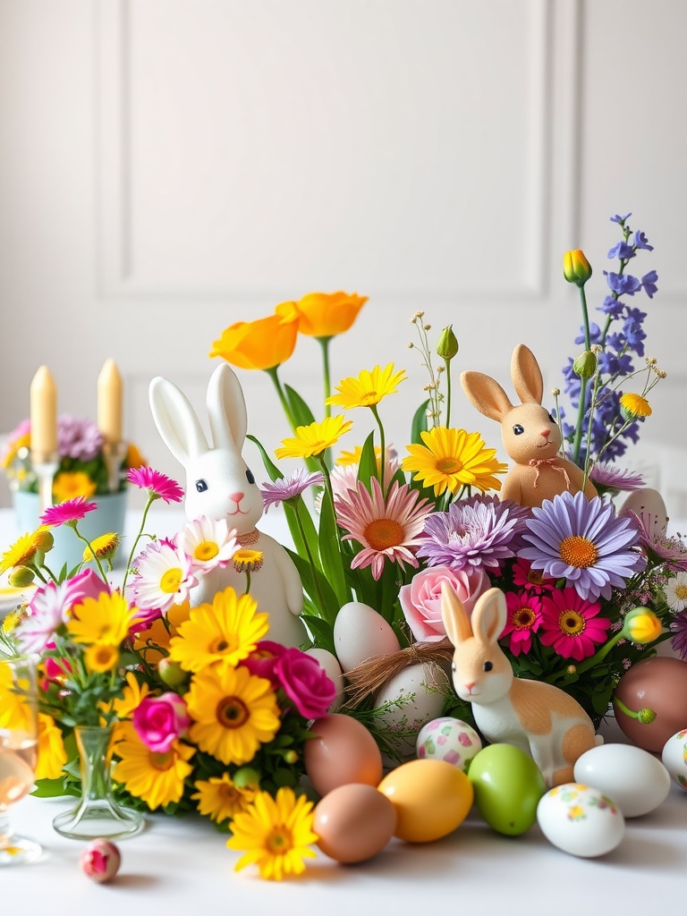 A vibrant Easter floral arrangement with flowers, bunny figurines, and decorated eggs.