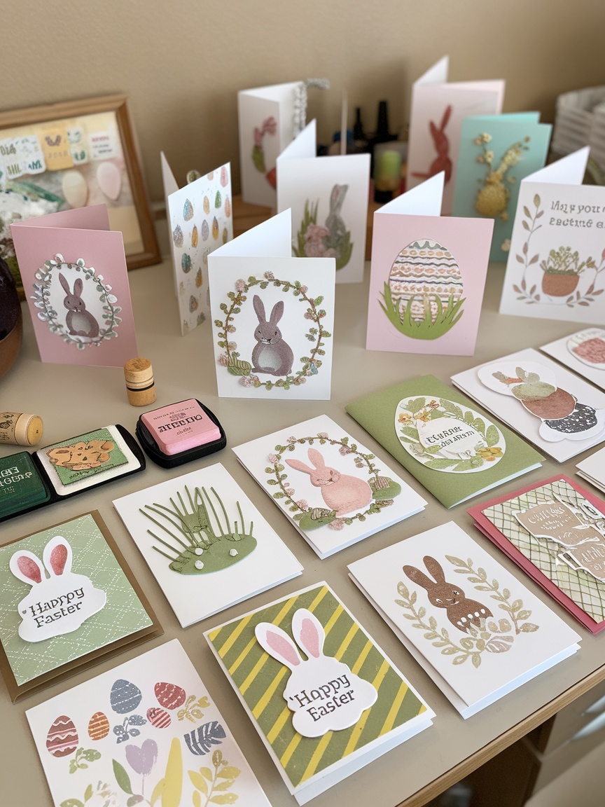 Easter-themed stamped cards displayed on a table with wooden blocks and flowers.