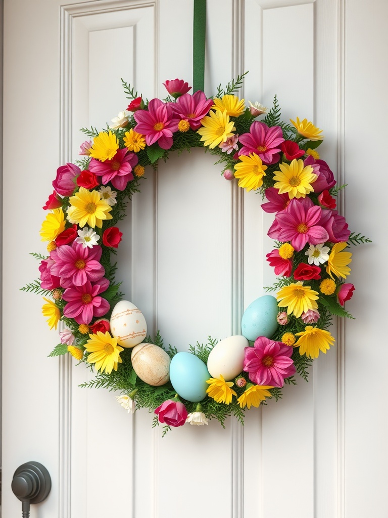 A colorful Easter wreath with flowers and decorated eggs hanging on a door