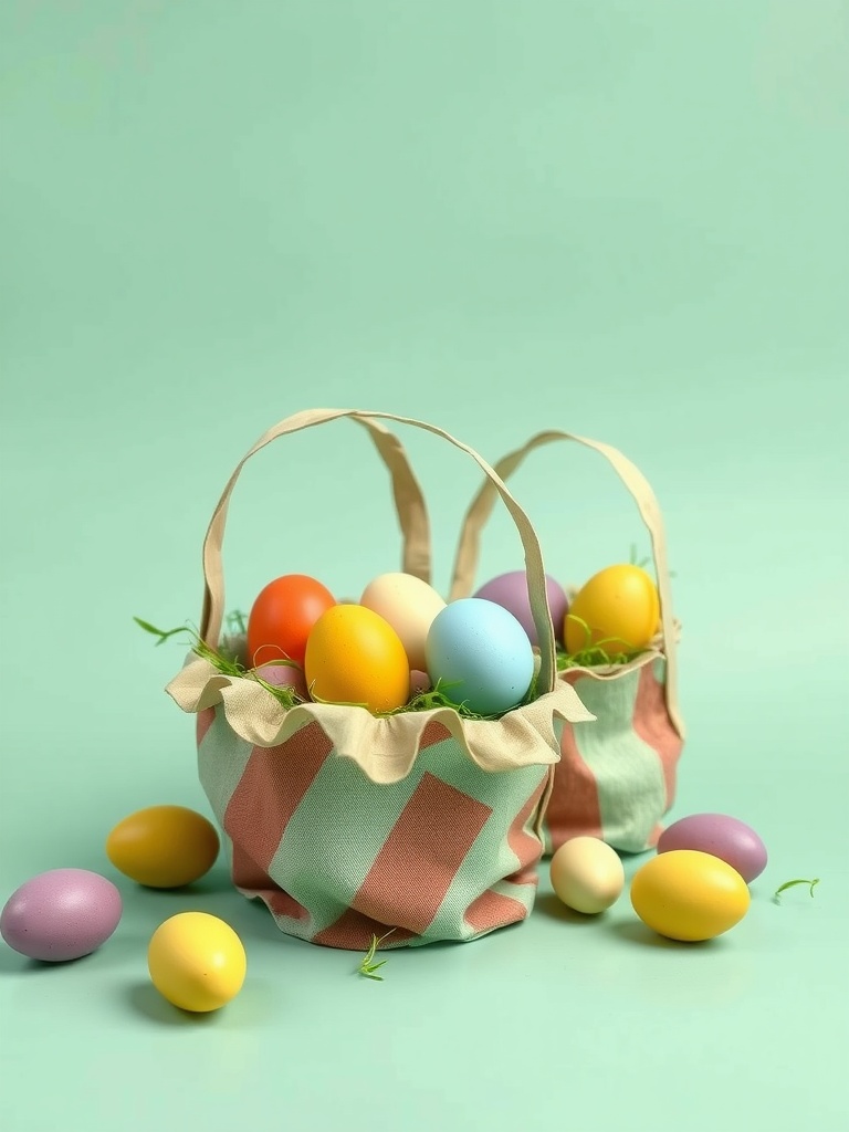 Two colorful Easter baskets filled with pastel eggs on a mint green background.