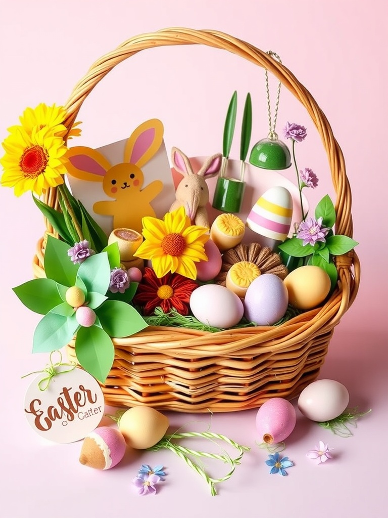 An Easter basket filled with colorful eggs, flowers, and playful decorations.