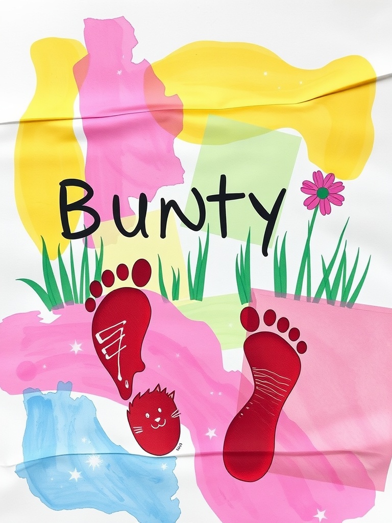 Colorful bunny footprint art with painted footprints, grass, and flowers.