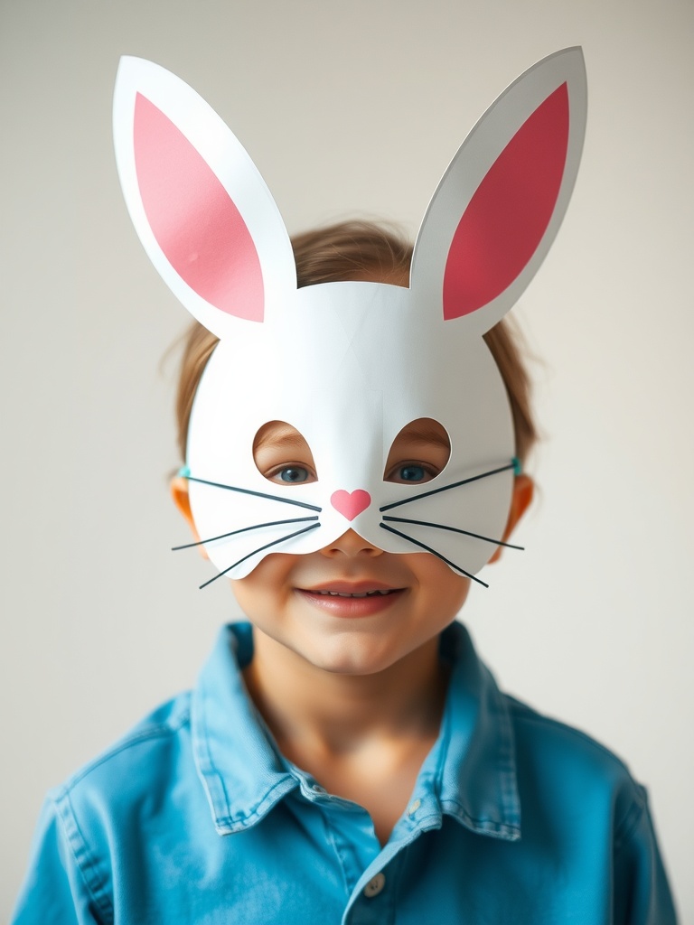 A child wearing a cute Easter Bunny mask with pink ears and a smiling face.