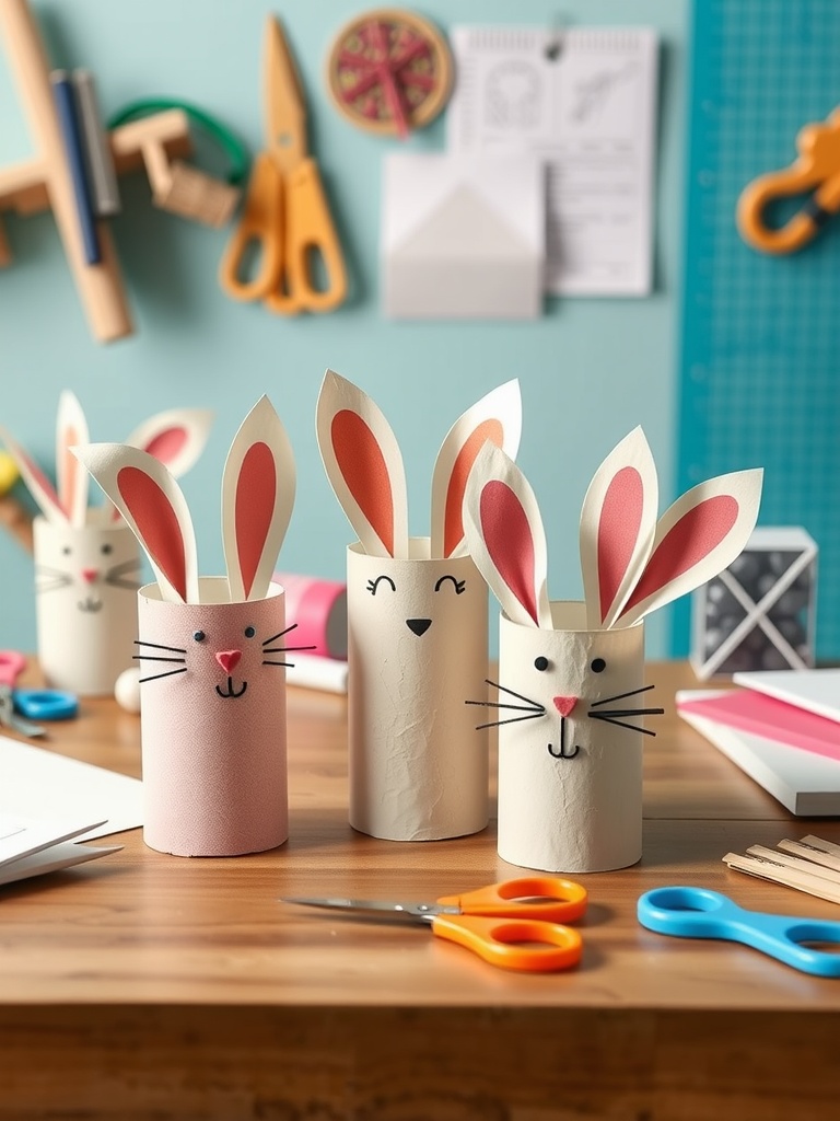 A fun Easter craft featuring toilet paper rolls decorated as bunnies with paper ears and drawn faces, surrounded by craft supplies.