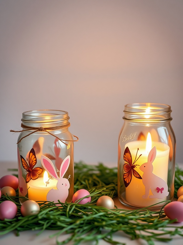 Two decorated glass jars with candles inside, featuring Easter-themed designs of bunnies and butterflies.