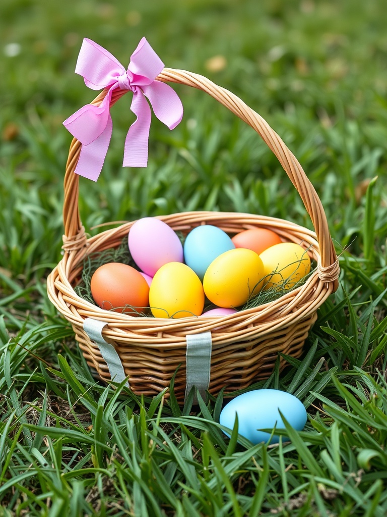 A woven basket with colorful plastic Easter eggs on green grass