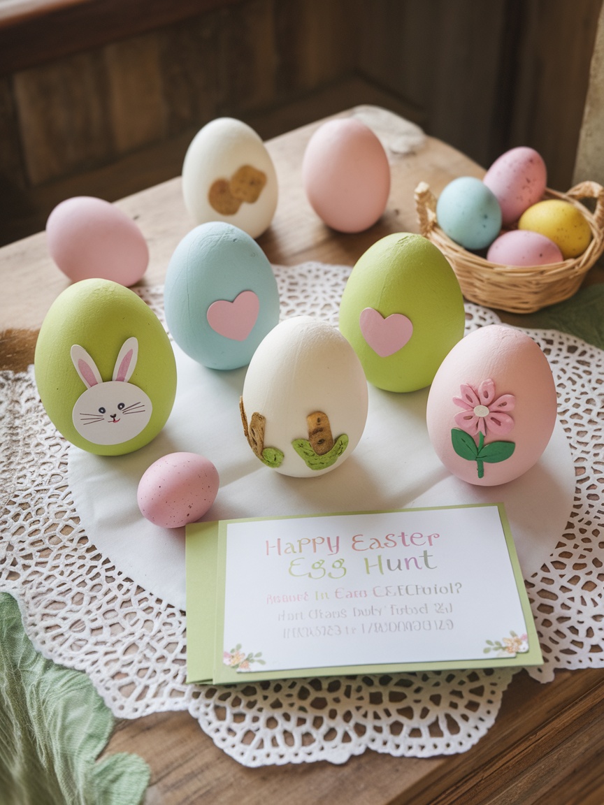 Colorful Easter egg hunt invitations on a table surrounded by decorative eggs and grass.