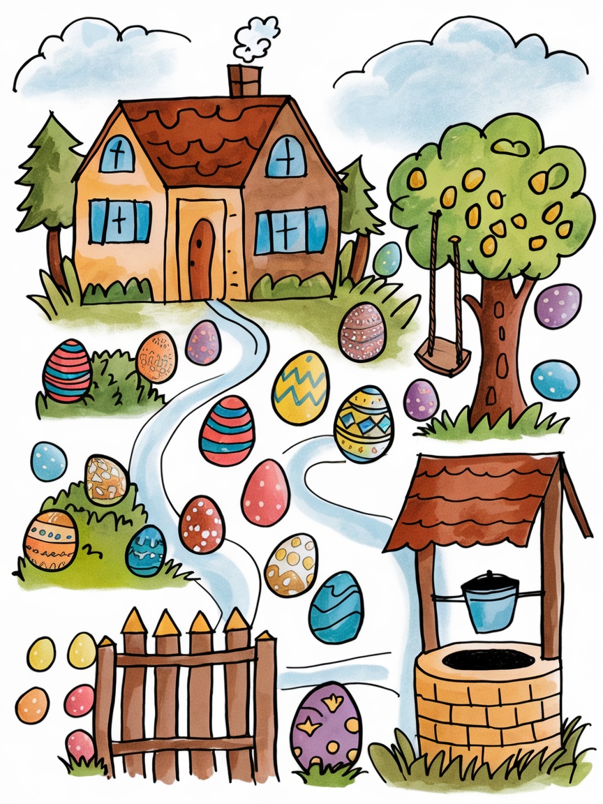 Colorful Easter Egg Hunt Map with paths, houses, and decorated eggs.