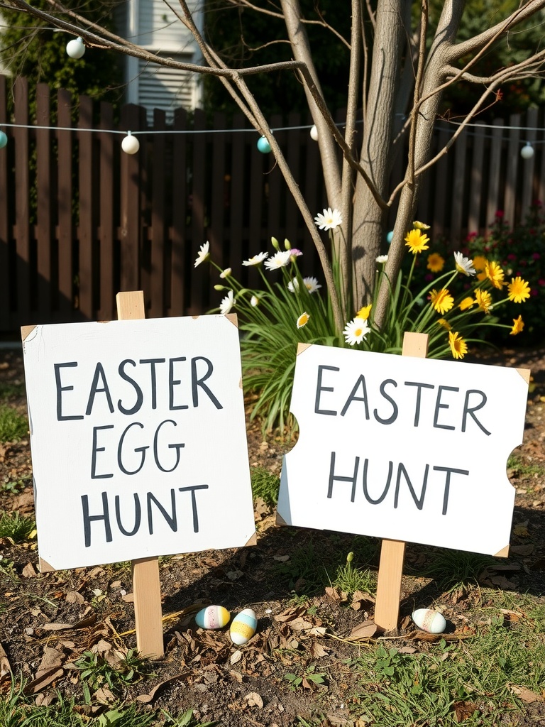 Two signs for an Easter egg hunt in a garden setting