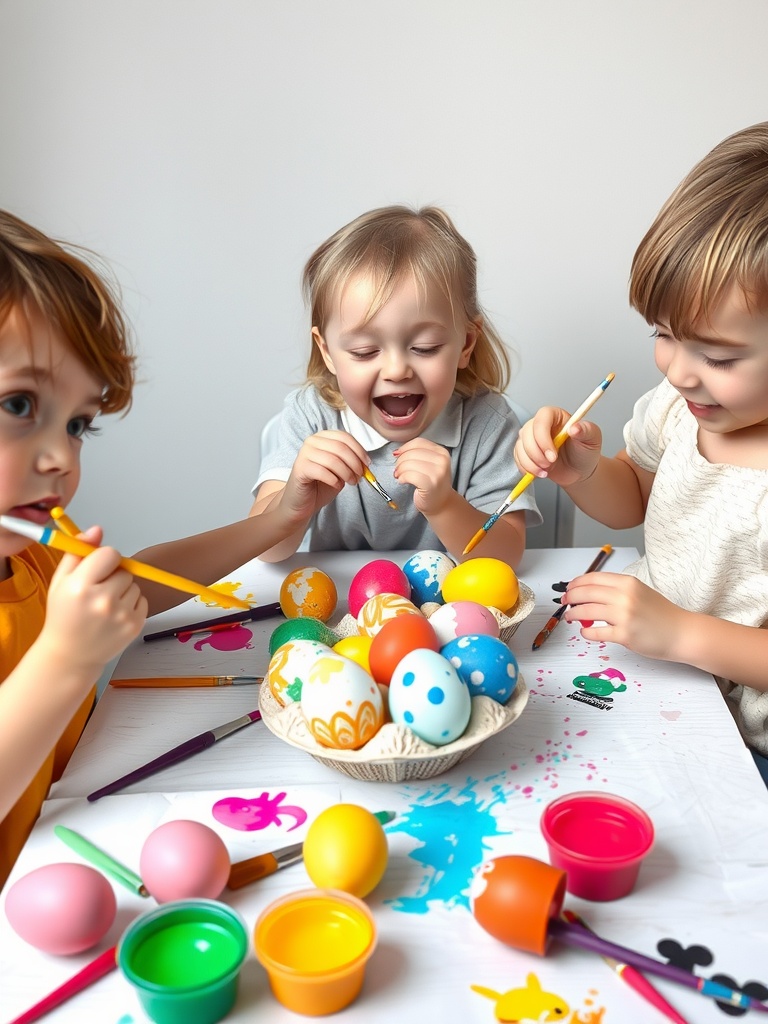 Children painting colorful Easter eggs at a table