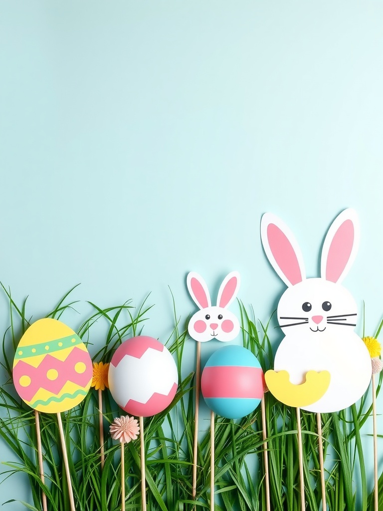 Colorful Easter egg and bunny photo booth props on sticks, set against a light blue background with grass.