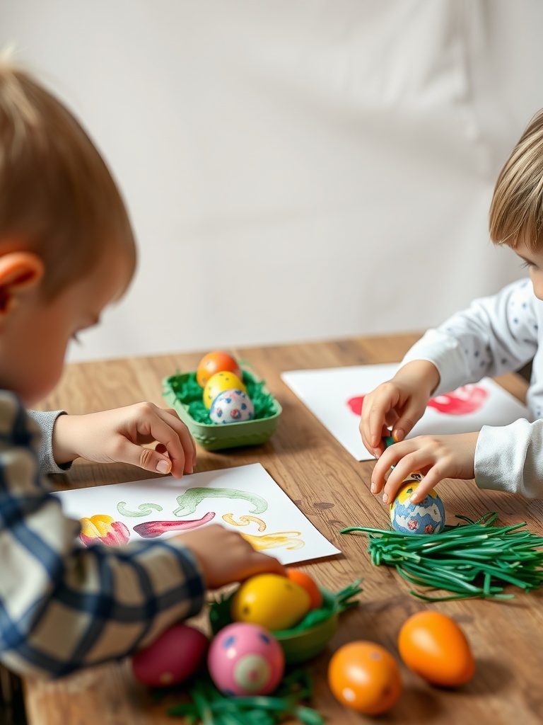 Two children making Easter egg stamps with colorful eggs and paper