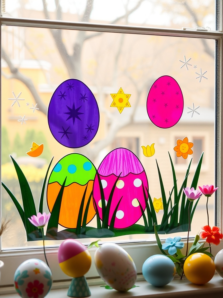 Colorful Easter egg window clings on a glass window featuring the words 'Eastey Easter' and decorated eggs.