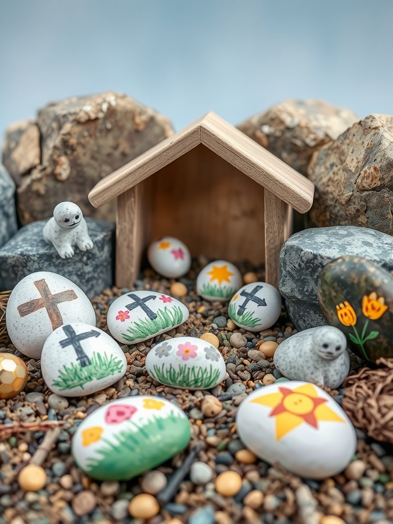 A collection of painted story stones representing the Easter story, including crosses, flowers, and eggs, arranged around a small wooden structure.