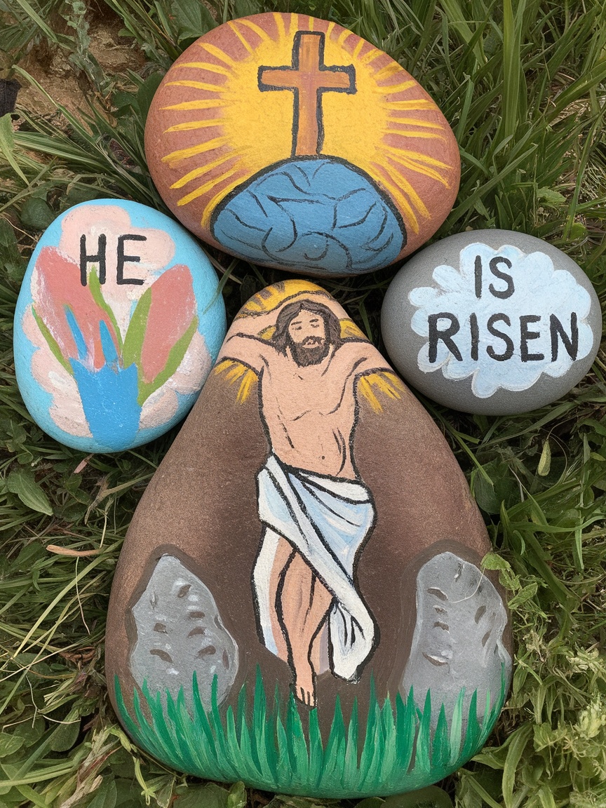 Colorful hand-painted stones with Easter symbols and characters, including a bunny and a cross, arranged on a surface.