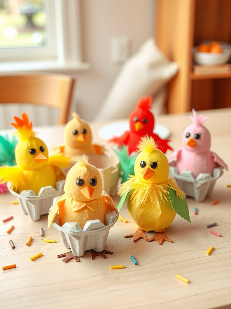 Colorful egg carton chicks with googly eyes and feathers, sitting on a table.