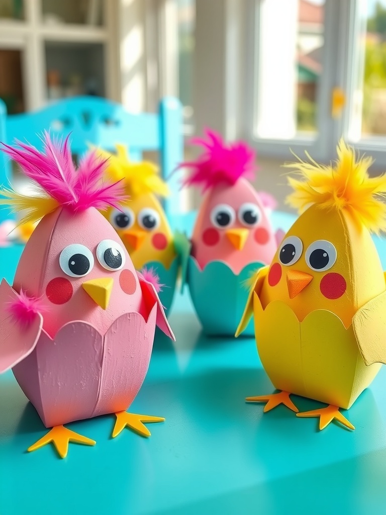 Colorful egg carton chicks with googly eyes and feathers sitting on a table.