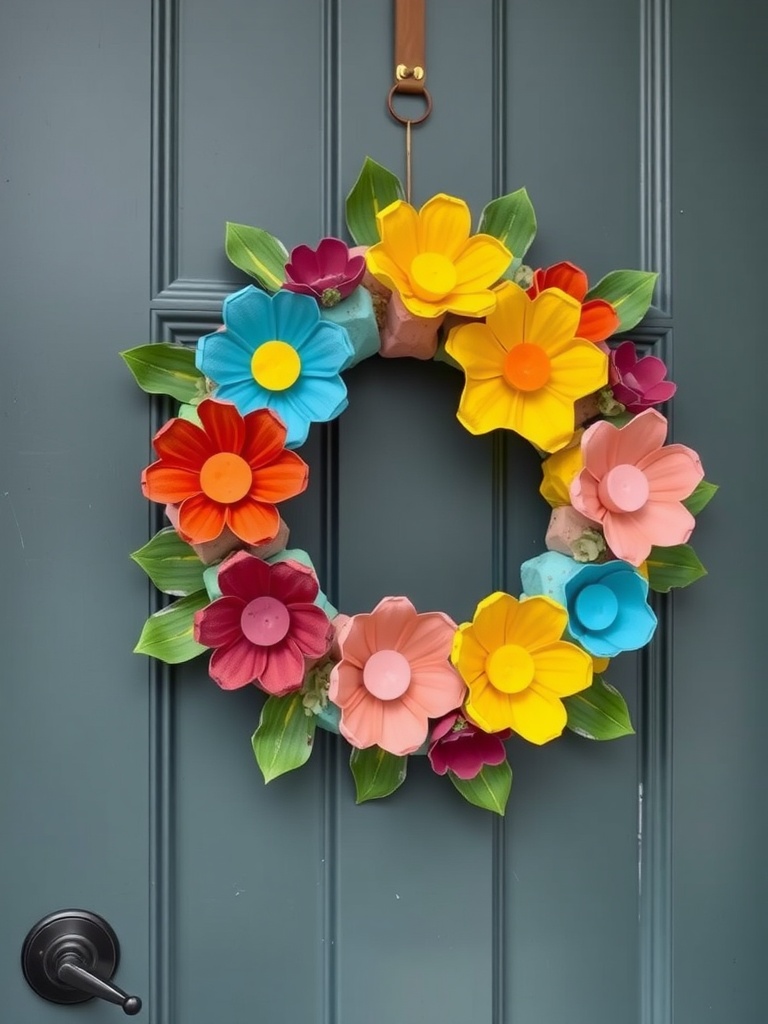 Colorful egg carton wreath hanging on a door