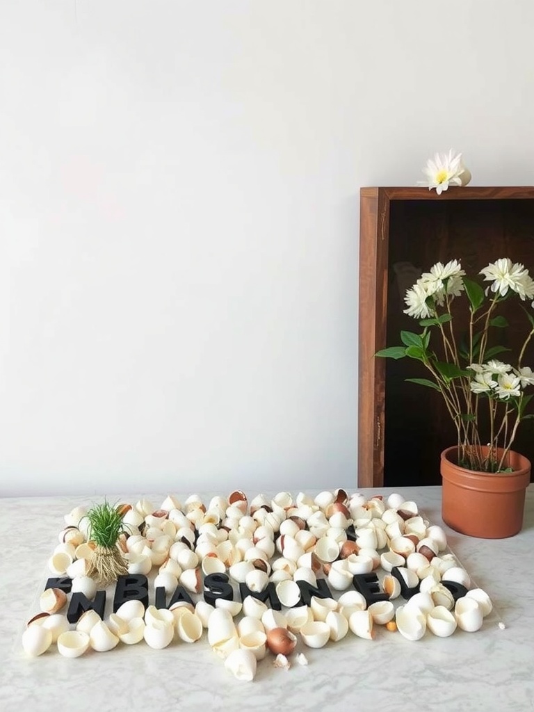 A creative display of eggshell mosaic art with letters, small plants, and flowers.