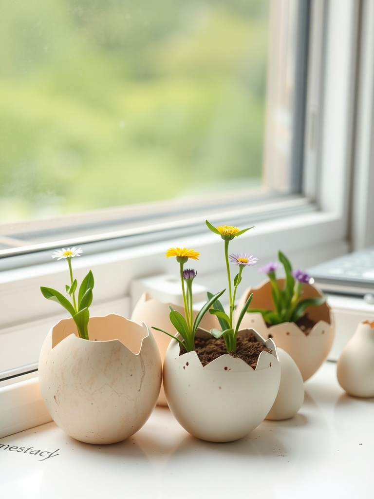 Eggshell planters with small flowers growing inside, placed on a windowsill.