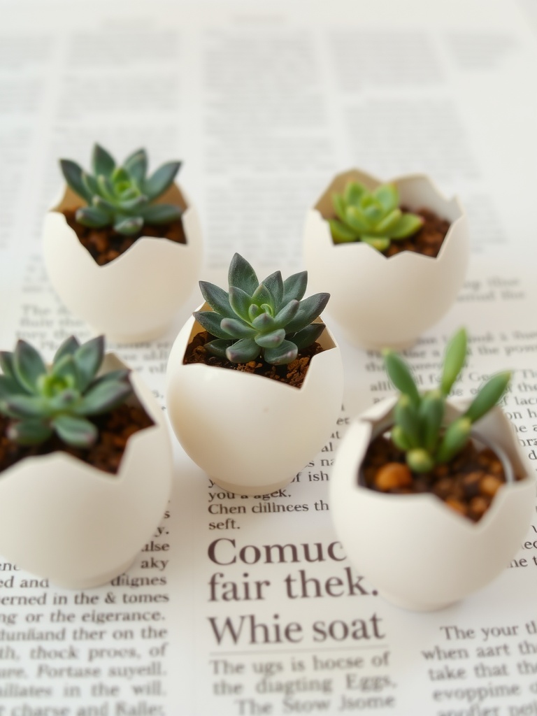 A collection of eggshell planters with succulents, displaying a creative Easter decoration