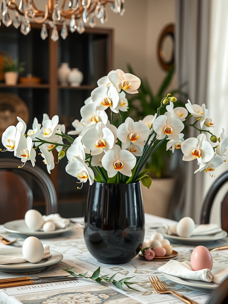 A beautiful centerpiece of white orchids in a black vase on a dining table decorated for Easter.