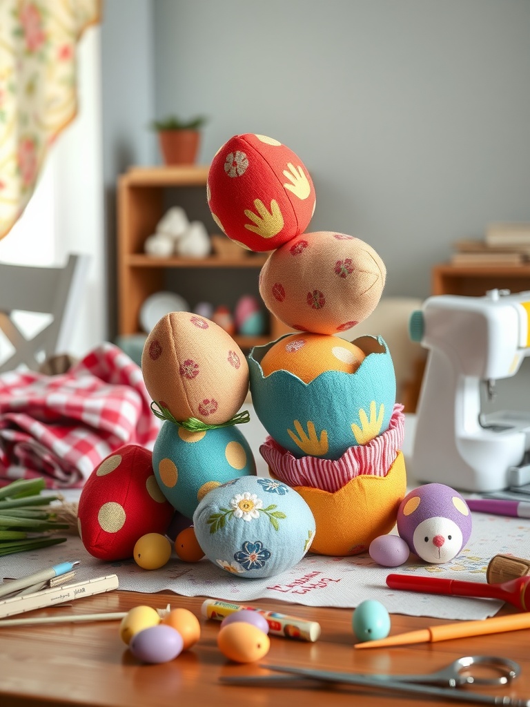 Colorful fabric Easter egg stuffed toys arranged on a table with crafting supplies.